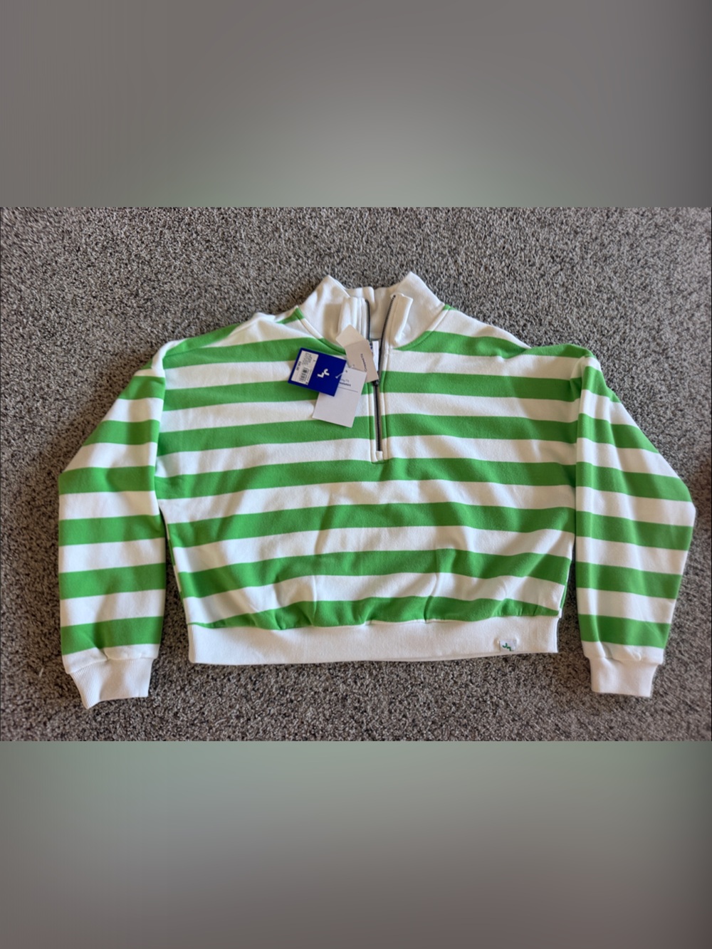 JoyLab Green & White Striped Cropped Half-Zip Sweatshirt